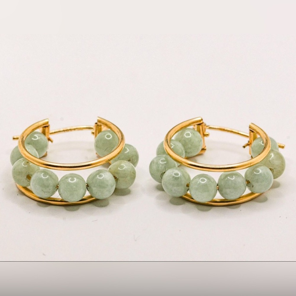 14K Gold Jade Ball Rounds Hoop Earrings #176